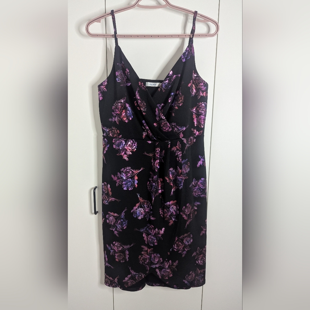 RICKIS Purple Holographic Rose Print Tulip Hem Party Dress Size 12